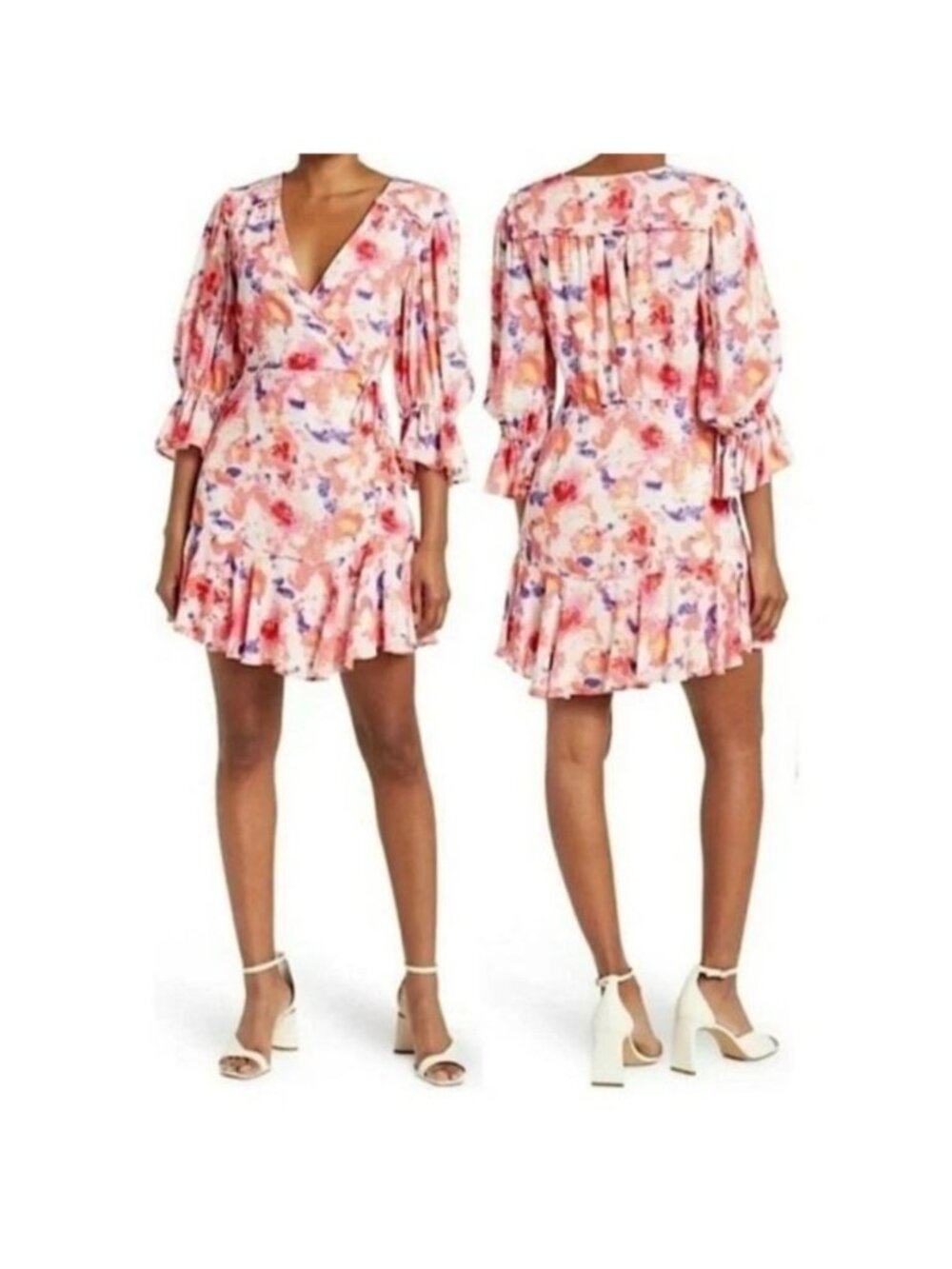 Betsey‎ Johnson Sunset Floral Faux Wrap Mini Dress Size 10 Pink Poet Sleeve Boho